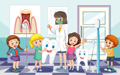 Dentist and happy children holding toothpaste toothbrush and floss on white background