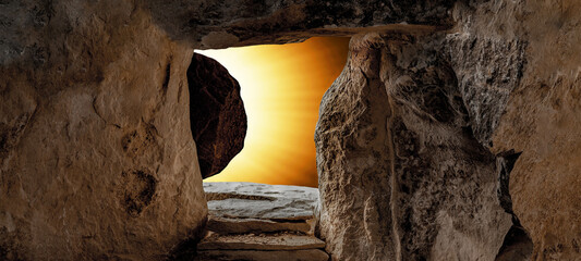 Easter background - Crucifixion - Resurrection of Jesus Christ in Golgota / Golgotha jerusalem israel, empty tomb with sunbeams..