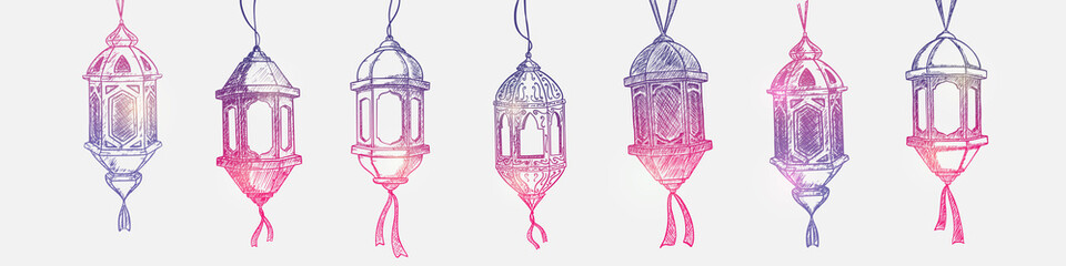 set of hand drawn lanterns. Illustration vector graphic. Design concept Ramadan vintage lanternwith HandDrawn Sketch style, Perfect for decoration holy month of muslim community, greeting card