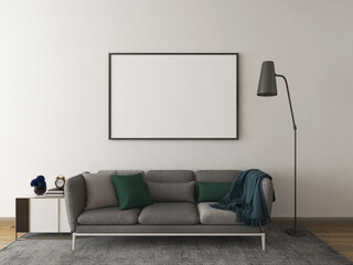 Mockup frame in the living room with the blank frame, gray sofa, carpet, pillows, lamp, and pampas vase. 3d illustration. 3d rendering