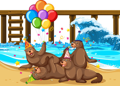 Seal lions at the beach with wooden pier