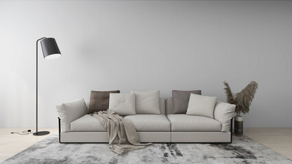 Mockup room interior with 3 seat sofa, pillow, pampas grass, carpet, black floor lamp. 3d interior. 3d rendering