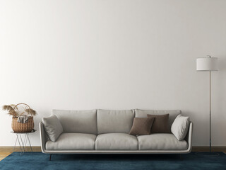 Mockup room with beige sofa, pillow, object, blue carpet, and black floor lamp. 3d rendering. 3d illustration