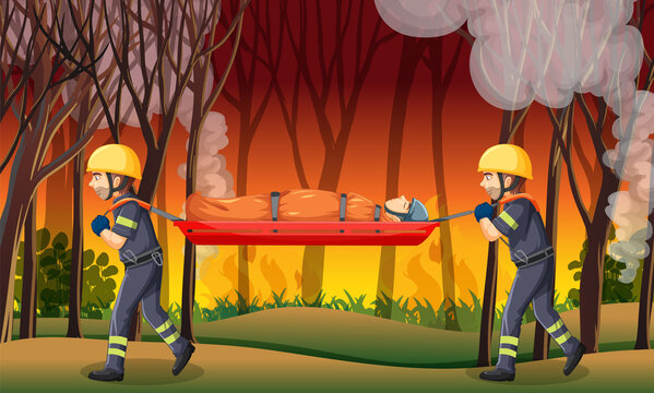 Wildfire scene with firerman rescue in cartoon style