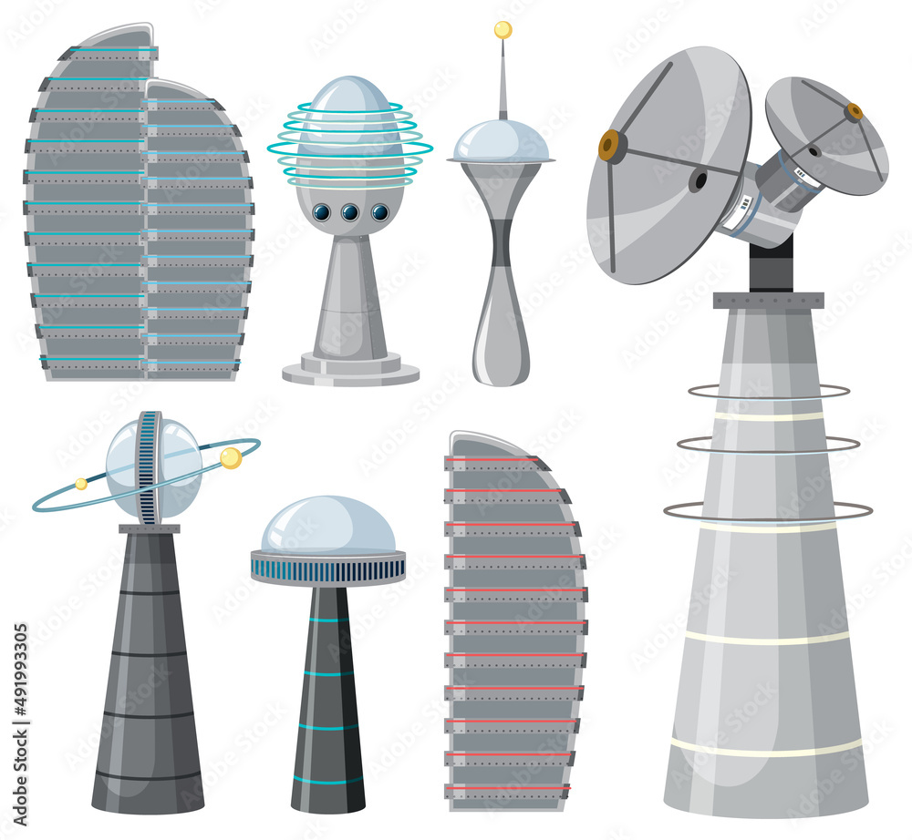 Wall mural set of spaceship and satellite objects