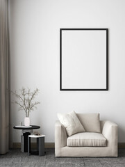 Mockup wall with white armchair, gray carpet frame, side table, and object. 3d rendering. 3d illustration.