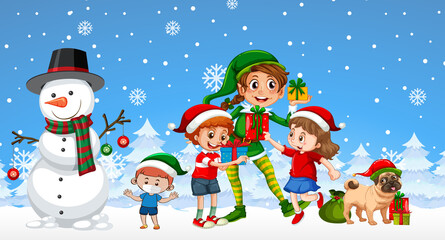 Christmas snowman with children on snowy blue background