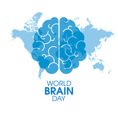 World Brain Day Poster with human brain and world map vector. Human brain with world map silhouette icon vector isolated on a white background. Important day