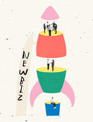 Contemporary art collage. Rocket divided into several parts symbolizing well-coordinated work of...