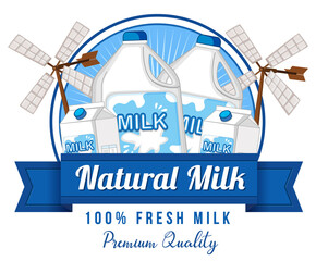Natural milk label logo with a dairy cow cartoon