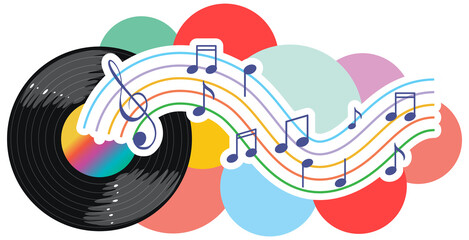 Music notes rainbow colourful with vinyl record on white background