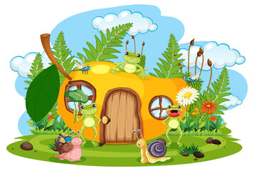 Happy insect in nature fairy tale scene