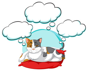 A cat thinking with many callouts