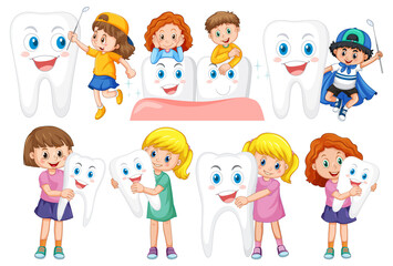 Set of happy kid holding a big tooth and dental mirror on white background