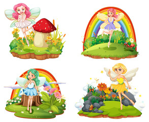 Obraz premium Set of isolated fantastic forests with beautiful fairies