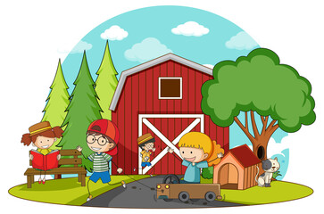 A simple barn with kids in nature background