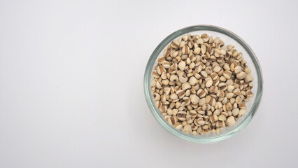 Job's Tears in the bowl, also known as adlay and coix on white background. Popular in Asian cultures as a food source.