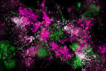 Watercolor magenta and green blots and splashes on a black background. Abstract watercolor texture. Illustration.