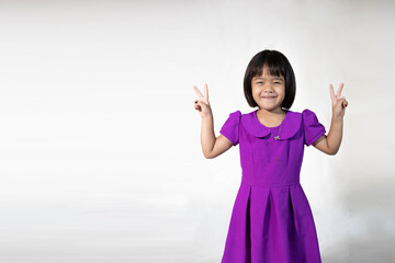 girl, happy, child, Asian, kid, little, portrait, young, people, person, smile, beautiful, cute, female, childhood, isolated, pretty, cheerful, background, Chinese, Japanese, joy, thai, two fingers