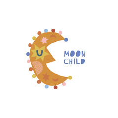 Boho baby celestial cute childish sleeping crescent vector illustration isolated on white. Moon child phrase. Lunar day and night tee print for kids apparel or Scandinavian nursery decor.