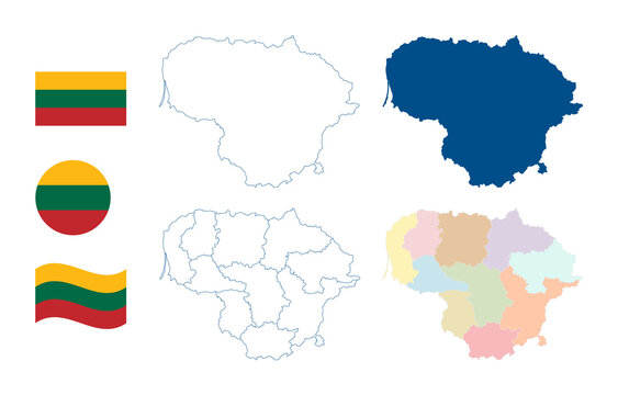 Lithuania map. Detailed blue outline and silhouette. Administrative divisions and counties. Country flag. Set of vector maps. All isolated on white background. Template for design and infographics.