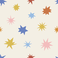 Multicoloured childish stars in the sky space vector seamless pattern. Boho baby naive celestial starry background. Kid-like stellar decorative surface design for fabric or Scandinavian style nursery. © AngellozOlga