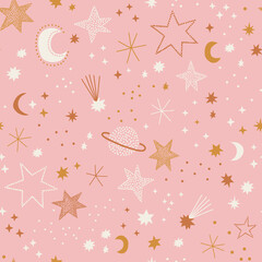 Cute celestial childish night sky space stars planets crescent vector seamless pattern. Boho baby universe delicate background. Soft colours universe surface design for kids fabric and nursery decor.