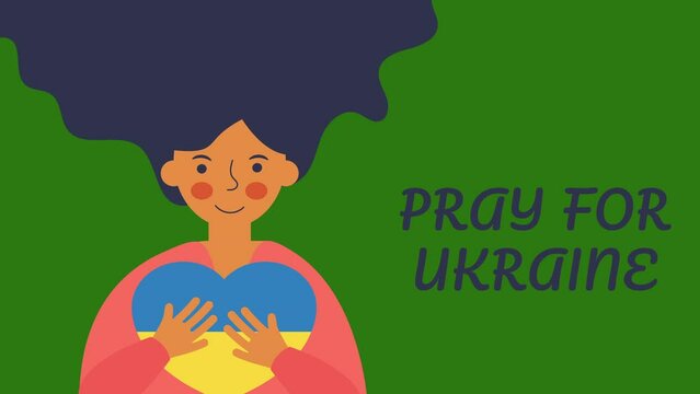 pray for ukraine.The girl hugs a heart with the colors of the flag of Ukraine.4K motion animation