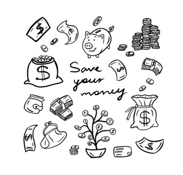 Save money set in doodle style vector.Doodle design elements. Finance, payments, banks, cash and piggy bank.