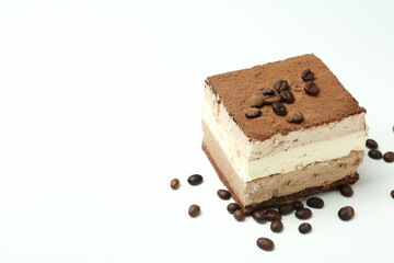 Concept of tasty dessert with Tiramisu cake, space for text