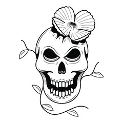 Abstract Black Simple Line Skull With Flowers Doodle Outline Element Vector Design Style Sketch Isolated On White Background Illustration Bones, Botanic, Skeleton