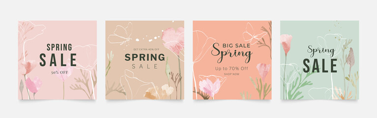 Fototapeta na wymiar Abstract spring season floral cover template. Collection of banner design with flowers, blooms and leaves. Warm tone watercolor texture perfect for social media, prints, wall art, ads, decoration.