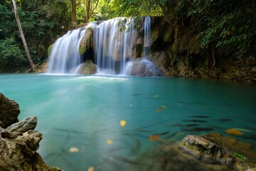 Fototapeta na wymiar Erawan Waterfall, Kanchanaburi Province, Thailand