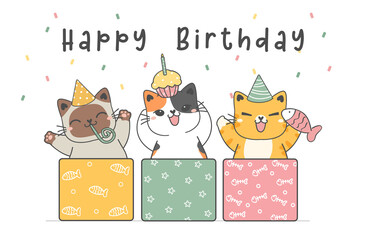 cute birthday cats, happy birthday card, cute three funny happy kitty cat celebrating birthday party, animal pet cartoon drawing vector