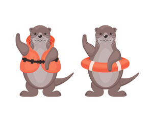 Otters. Two cute otters in a life jacket and a lifebuoy. Cute otter animals. Vector illustration