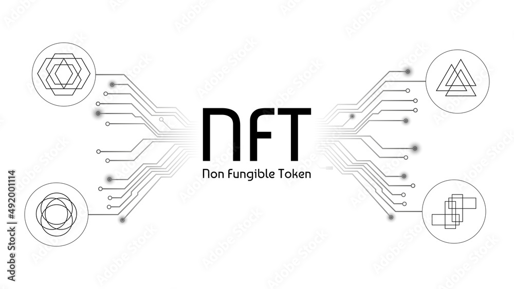 Wall mural nft non fungible tokens infographics with pcb tracks and unique tokens isolated on white. pay for un