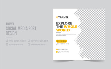 Editable travel and tour social media post or web banner design template. Travel and vacation square social media banner post template. Travel promotional web banner design template