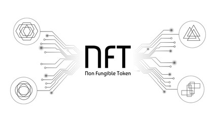 NFT non fungible tokens infographics with pcb tracks and unique tokens isolated on white. Pay for unique collectibles in games or art.