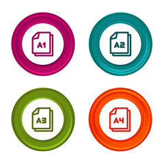 Paper size A1 A2 A3 A4 icons. Document symbol. Colorful web button with icon.