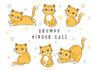 group of Grumpy ginger kitty cat collection cartoon drawing vector, cute pet animal boring face