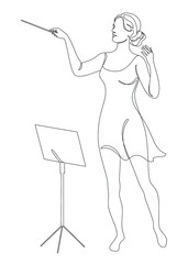 Silhouette of a woman with a conductor's baton in a modern continuous line style, beauty. Lady Conductor. Aesthetic decor sketches, posters, stickers, logo. Vector illustrations.