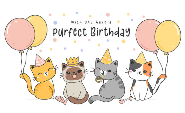 Cute Happy Birthday cats with balloons, cute animal cartoon drawing vector illustration greeting Birthday card