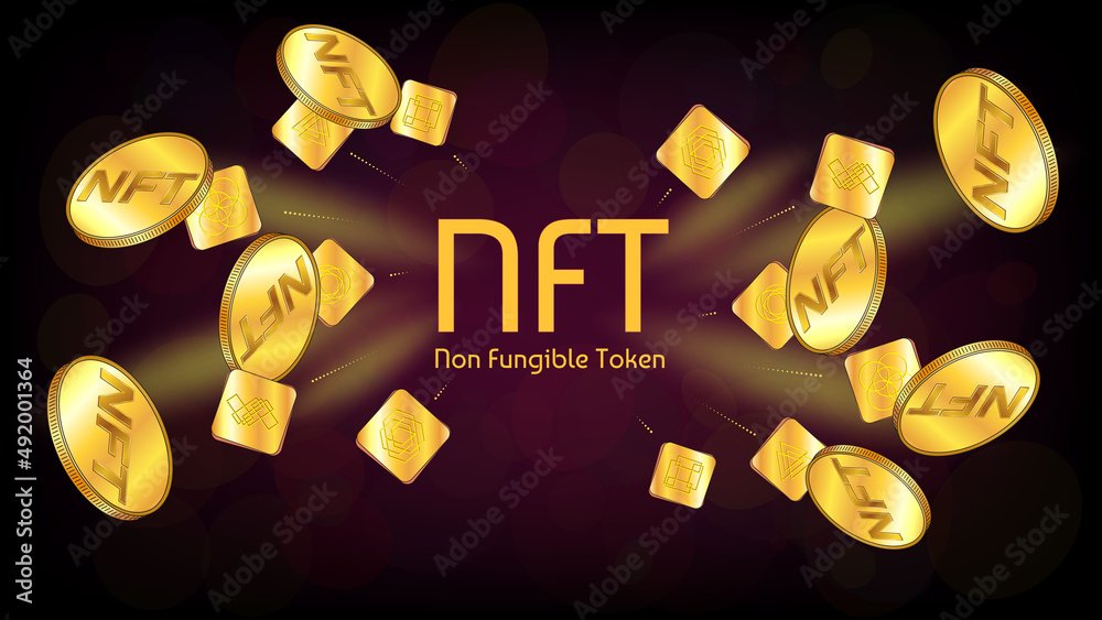 Wall mural nft non fungible token infographics with flying gold unique tokens and coins on dark background. pay
