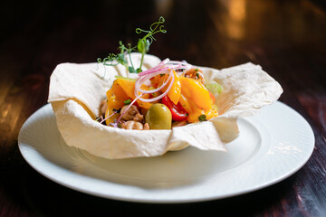 Vegetable salad in lavash. Restaurant menu design concept.