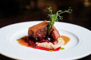 Meat baked with sauce. Restaurant menu design concept.