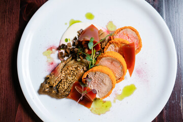 Meat fried with vegetables. Restaurant menu design concept.