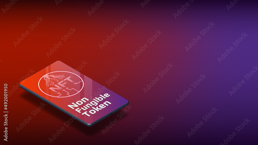 Poster nft non fungible token isometric cellphone on red background with copy space. new class of coins. pa