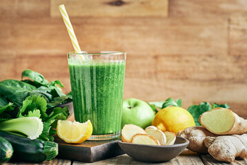 Fototapeta premium Fresh green vegan detox smoothie with ginger. Fresh healthy ginger green vegetables smoothie served in glass with lemon for diet and detox.