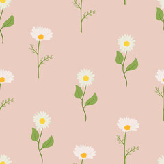 Obraz na płótnie Canvas White daisies vector seamless pattern on pink pastel background vector illustration. Cute cartoon floral print, wallpaper.