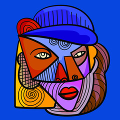 Colorful people face, abstract,cubism,line art, decorative vector illustration.